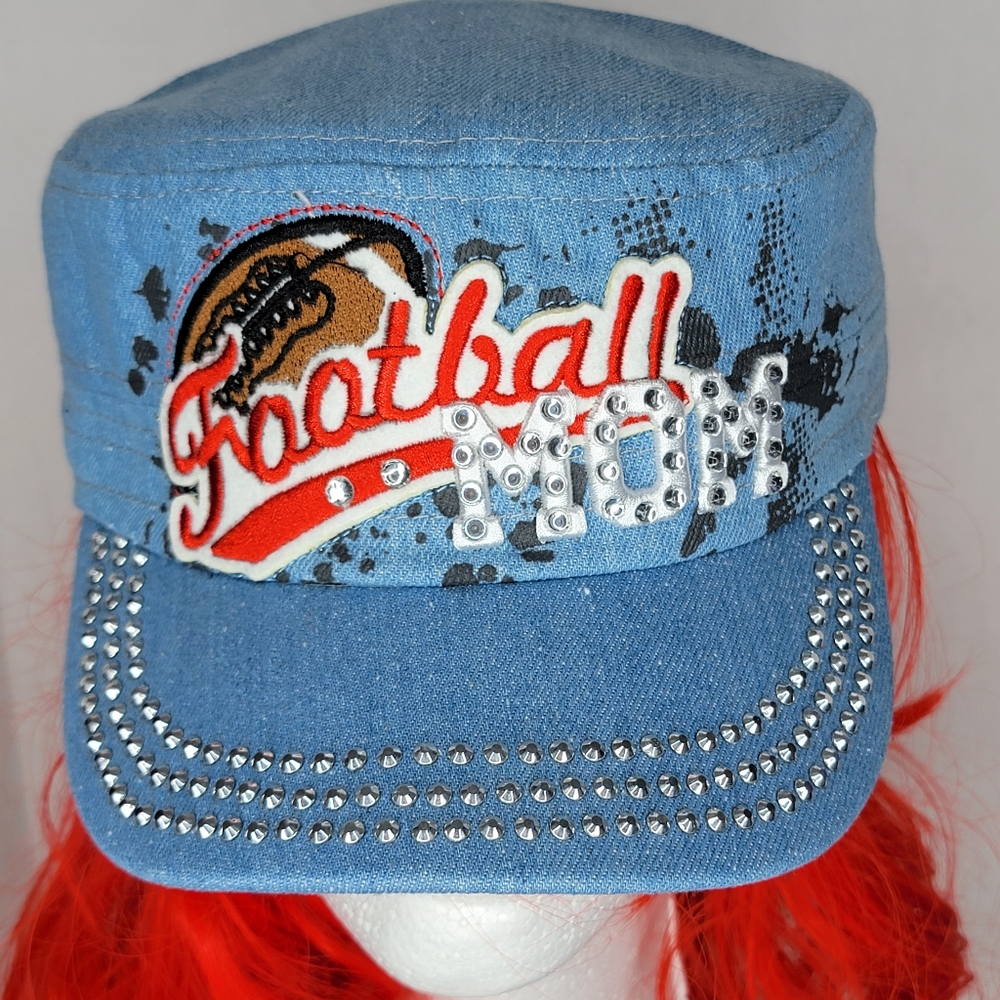 ``H25223 NWT Professional Style Rhinestone Football MOM Cadet Cap - Light Splash